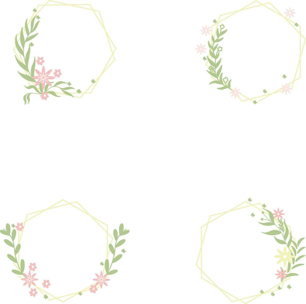 Floral Polygon Frame In Aesthetic Design. Vector Illustration Set.
