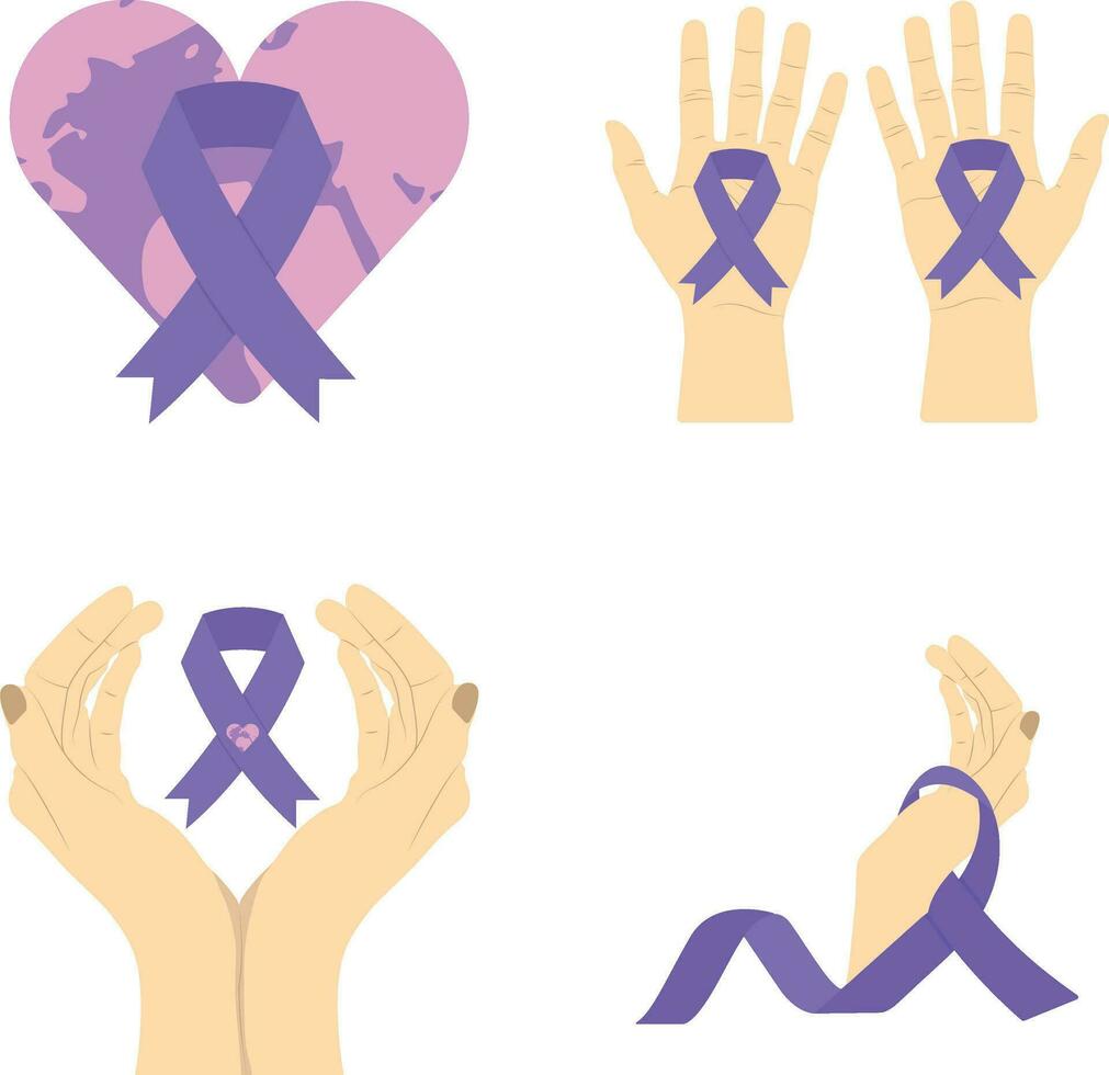 World Cancer Free Day Collection, With Hands, Ribbons and Hearts. Isolated Vector. vector