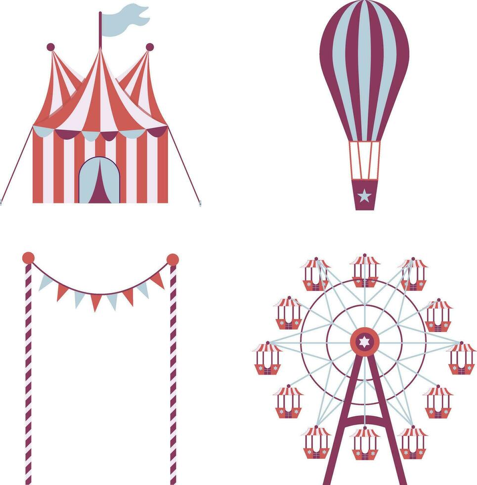 Collection of Vintage Carnival Circus. Isolated On White Background. Vector Icon.