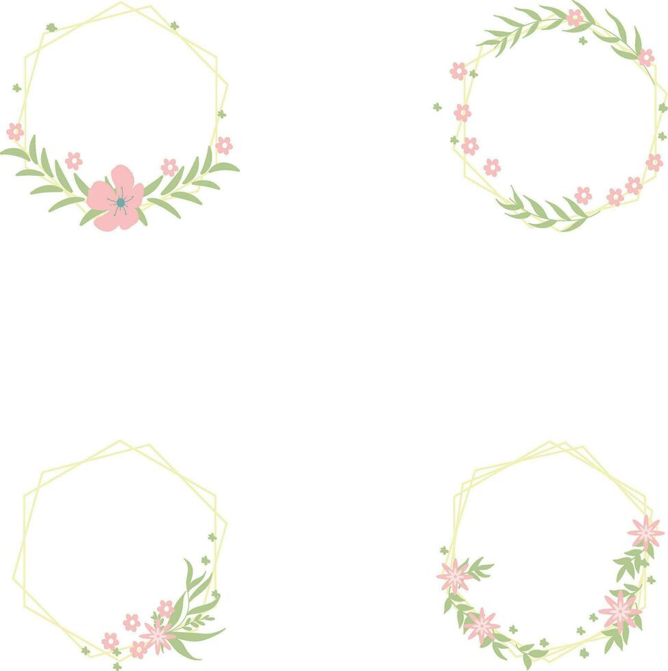 Floral Polygon Frame In Aesthetic Design. Vector Illustration Set.