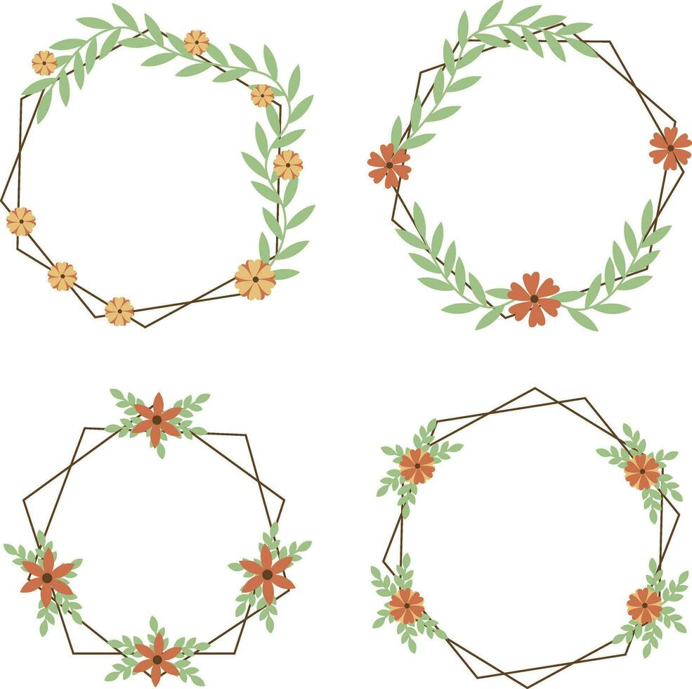 Floral Polygon Frame With Flower and Leaves Decoration. Vector Illustration Set.