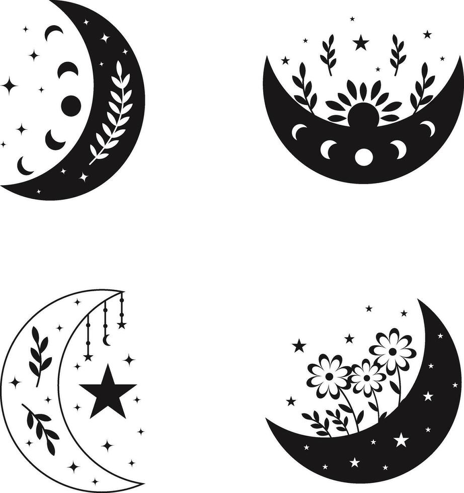 celestial Luna decoración con flores, hojas, estrellas adornos creciente Luna. aislado en blanco antecedentes. vector ilustración colocar.