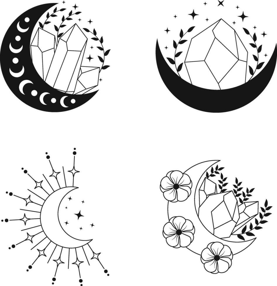 Collection of Celestial Moon Decoration. Isolated On White Background. Vector Icon.