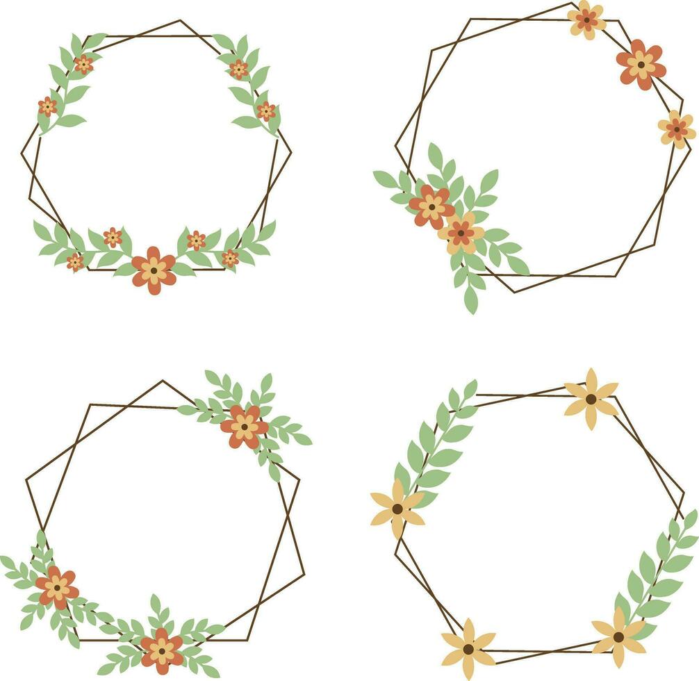 Floral Polygon Frame With Flower and Leaves Decoration. Vector Illustration Set.