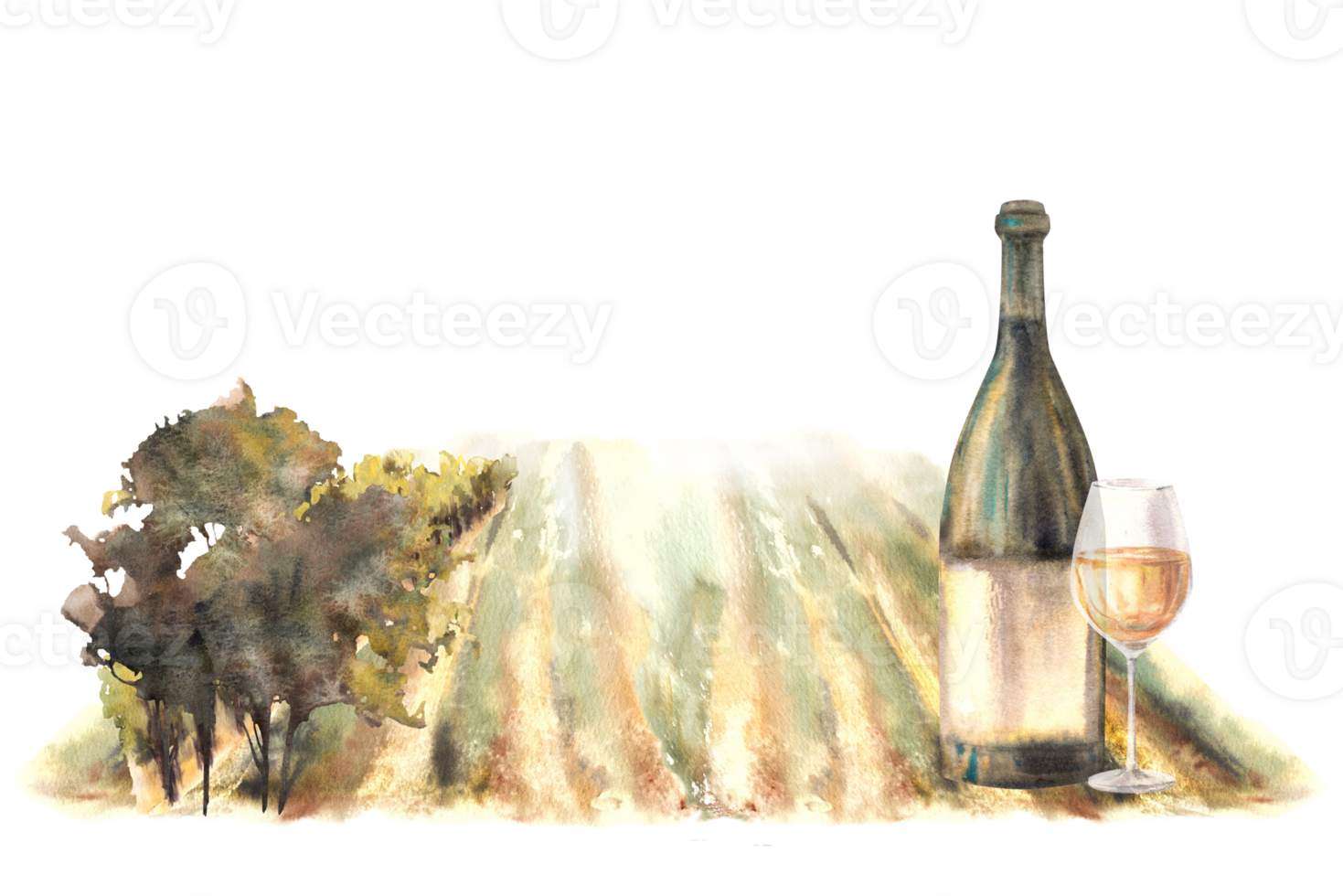 Watercolor wine label with a bottle and glass of wine in front of vineyards rural landscape with grape fields, trees, bushes Wine factory Winemaking hand draw illustration png