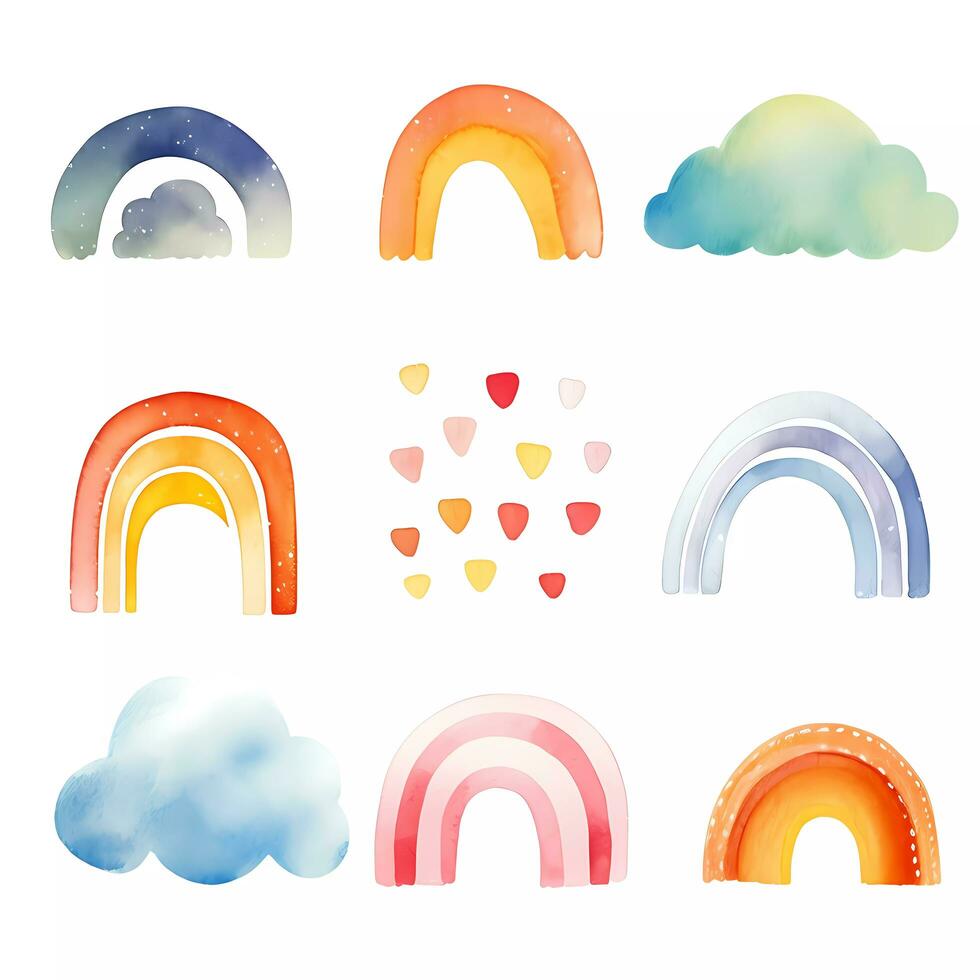 AI generated Collection of watercolor abstract rainbow and cloud collection. Cute pastel rainbow and cloud set isolated on white background in childish Scandinavian style photo