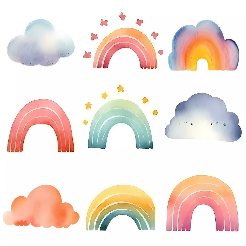 AI generated Collection of watercolor abstract rainbow and cloud collection. Cute pastel rainbow and cloud set isolated on white background in childish Scandinavian style photo
