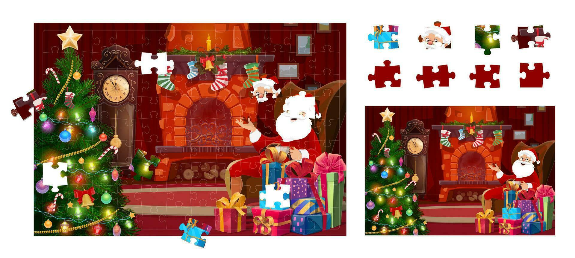 Jigsaw puzzle game pieces Christmas Santa in chair vector