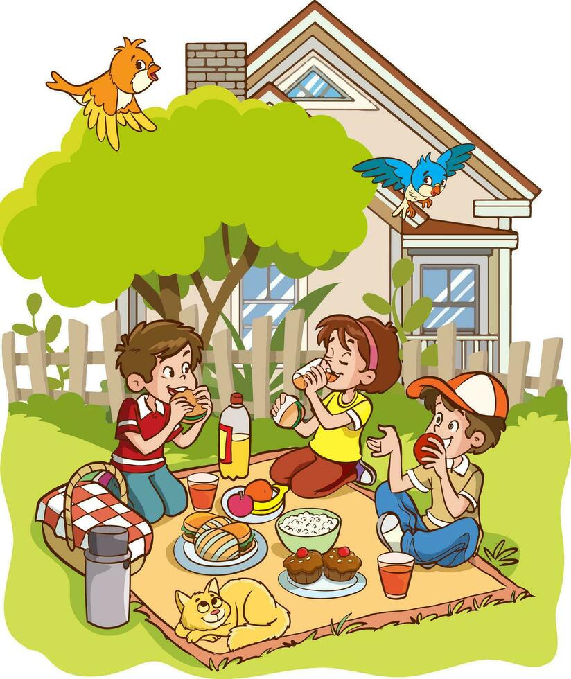 ilustración de niños disfrutando un picnic en frente de su hogar vector