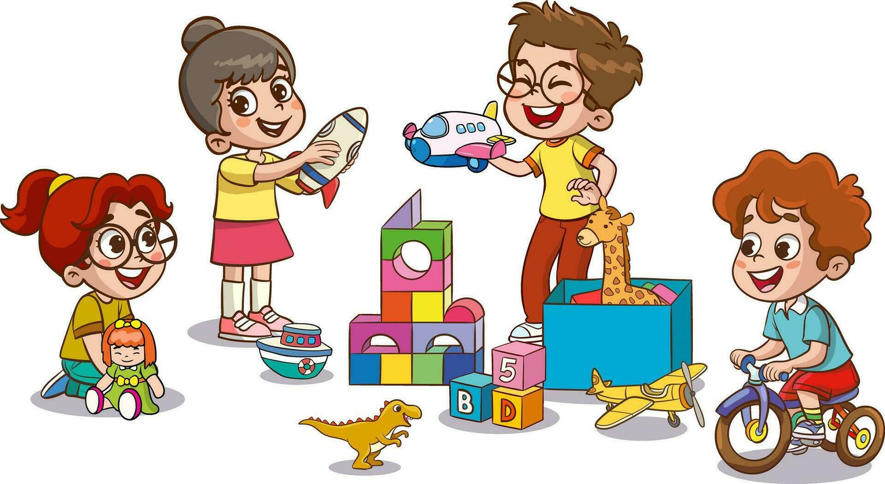 vector illustration of cute children in the kindergarten playing with toys