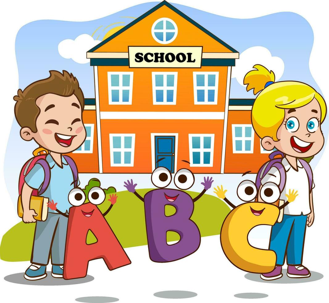 educación concepto y literatura aprendizaje vector ilustración con dibujos animados personajes.alfabeto aprendiendo.