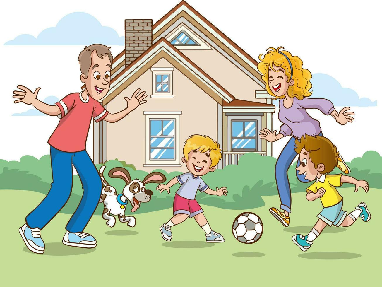 Happy family with kids in front of their house. Vector illustration.