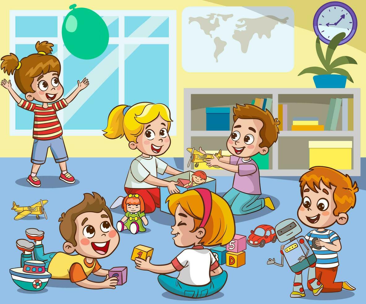 vector ilustración de linda niños en el jardín de infancia jugando con juguetes