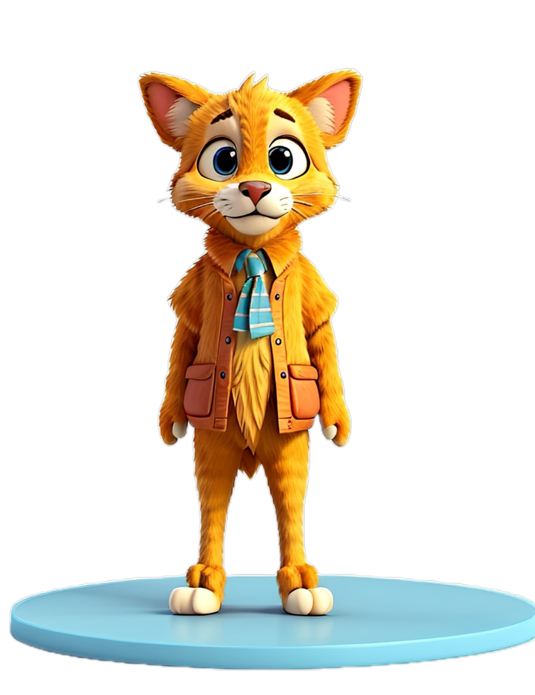 AI generated 3D cartoon cat with orange fur and white paws, wearing a brown jacket, a blue tie png