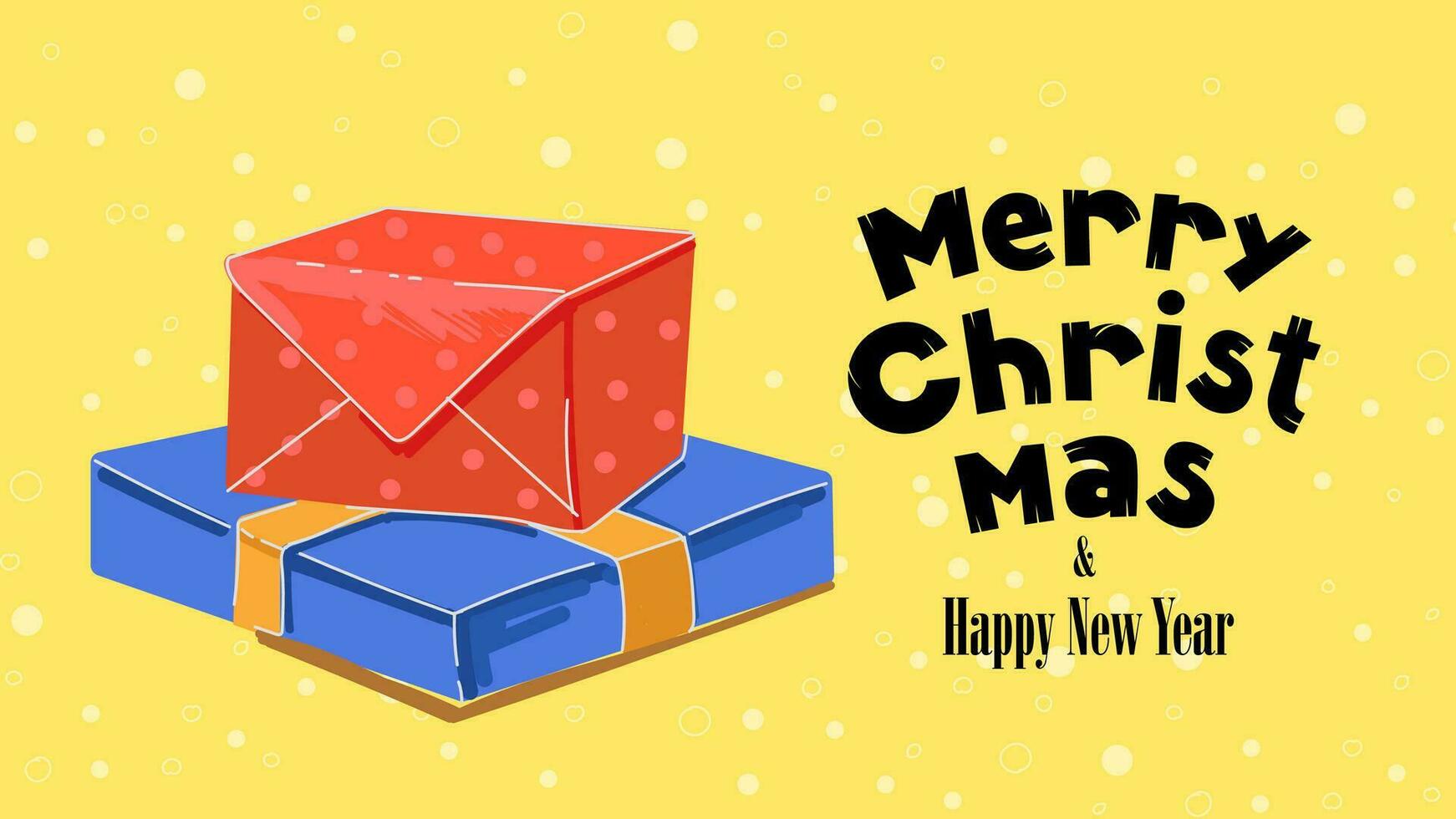 Merry Christmas and Happy New Year greeting card. Xmas cozy holiday eve banner. Red and blue gift boxes stack. Celebration present packaging with ribbon. Drawing postcard vector eps illustration