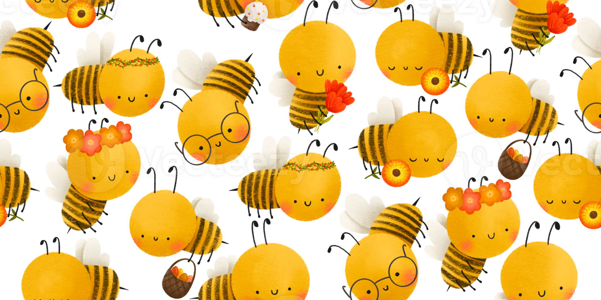 Cute childish bee pattern. Seamless Easter background with yellow bees and flowers, easter cakes and eggs png