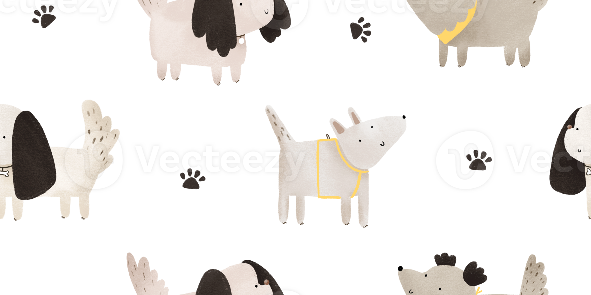 Cute funny cartoon domestic dogs characters hand painted illustration. Puppy walking, playing and posing. Footprint and pet track png