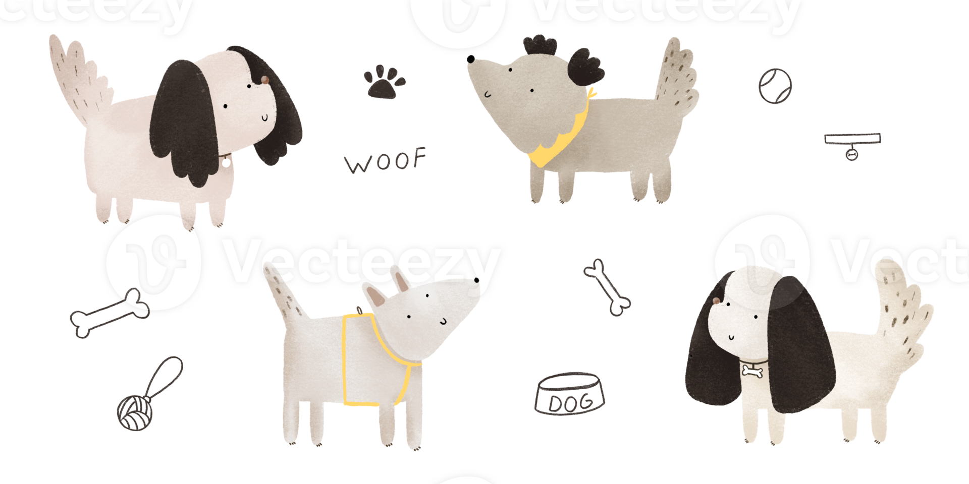 Cute dogs flat set. Cartoon dog characters collection Set of Puppies of different breeds set. Funny pet animals isolated on transparent background. png