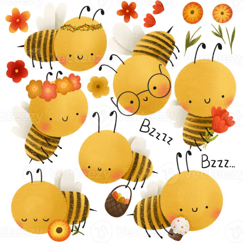 Cute cartoon bees. Bee with flowers and cakes, eggs. Easter clipart. Flower isolated elements png