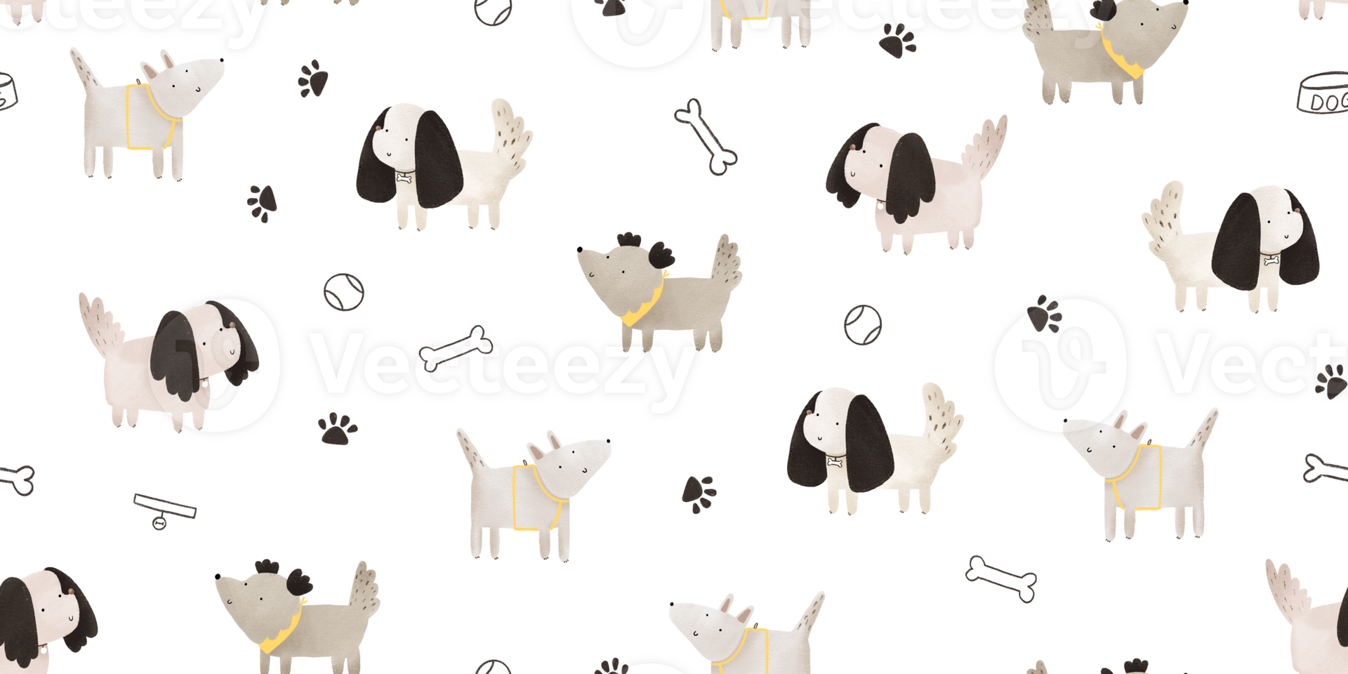 Little funny puppy and dog toys. Seamless flat pattern. Simple childish design with dogs on transparent background png
