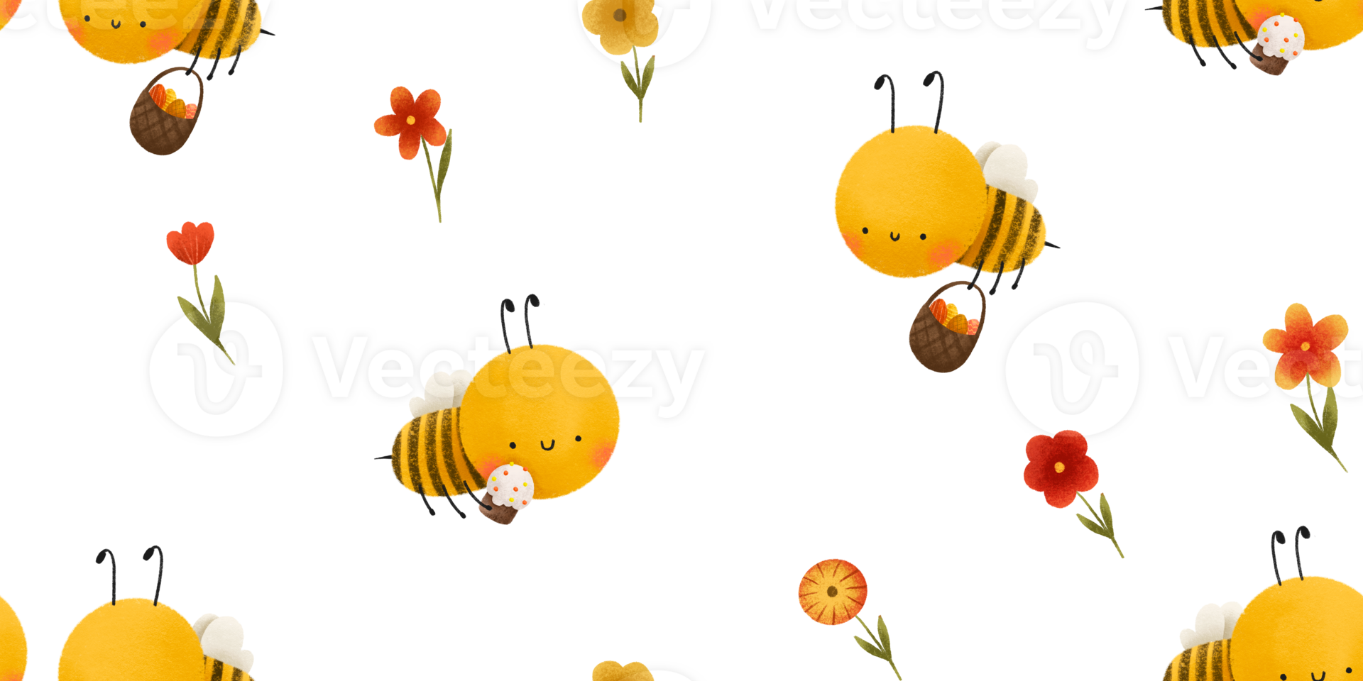 Easter background with honey bee and flowers, eggs and Easter cake. Cute childish hand painted spring pattern. Easter background png