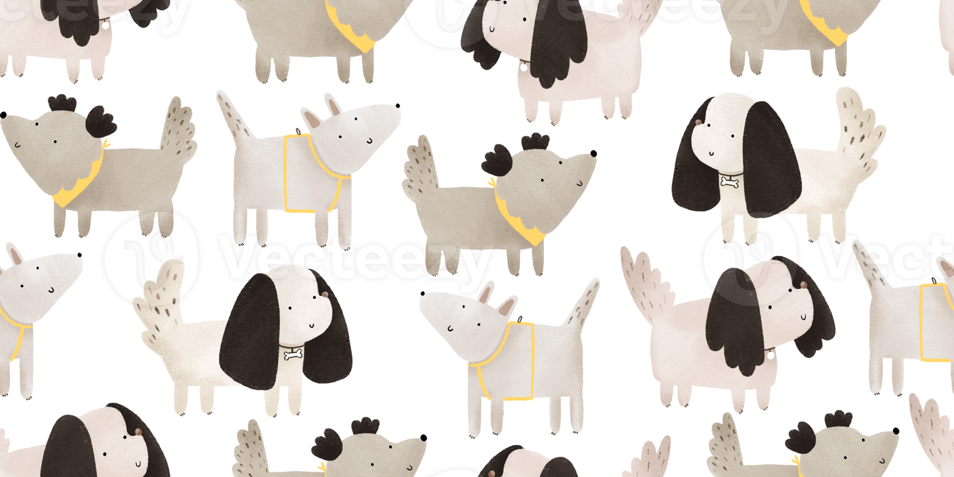 Different dogs seamless pattern. Cute puppies endless background. Domestic pets on transparent background png