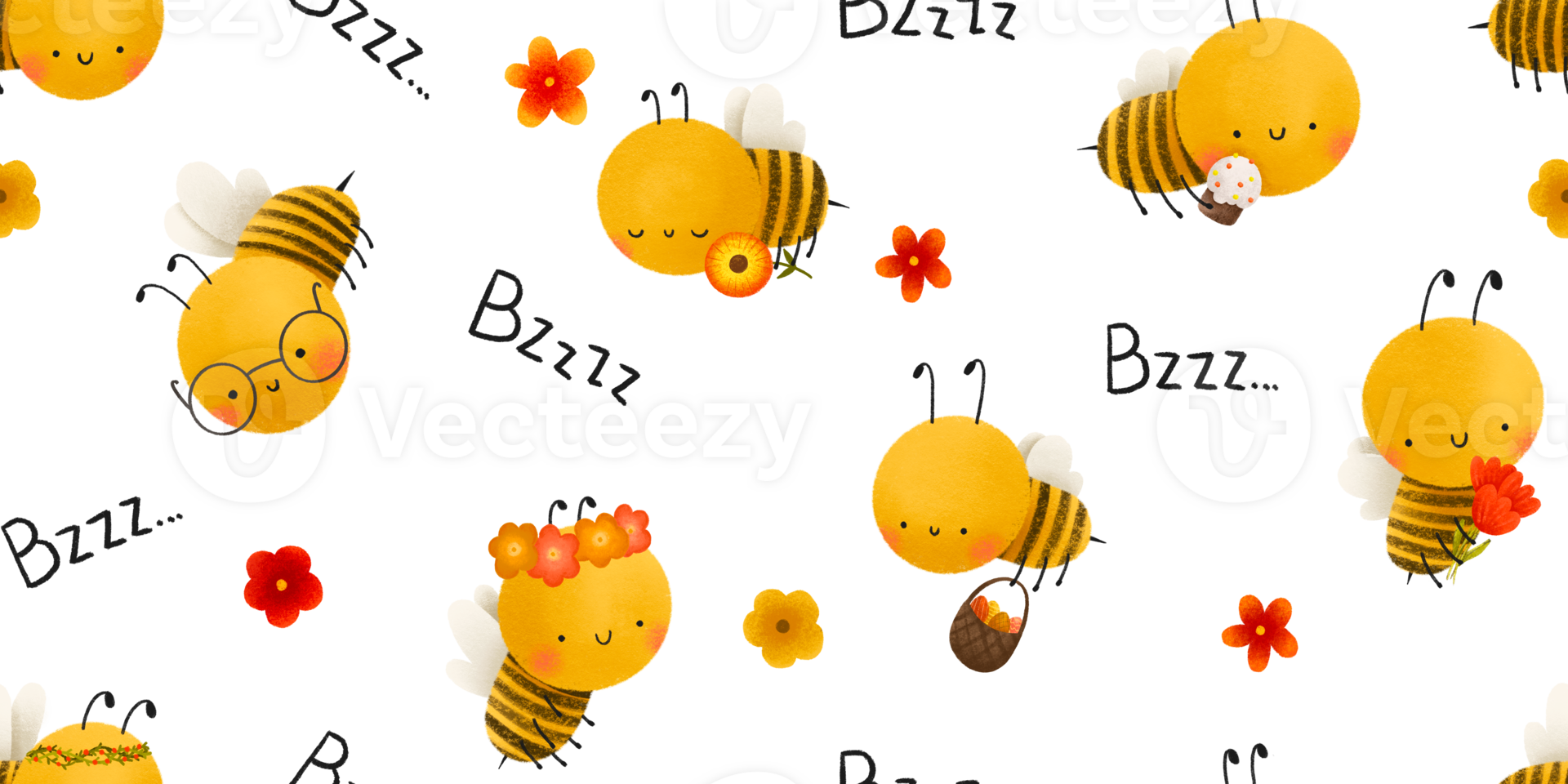 Seamless pattern with cartoon bee and Easter elements. Easter cake, flowers and eggs, bzzz inscription. Easter background.  Hand painted illustration. png