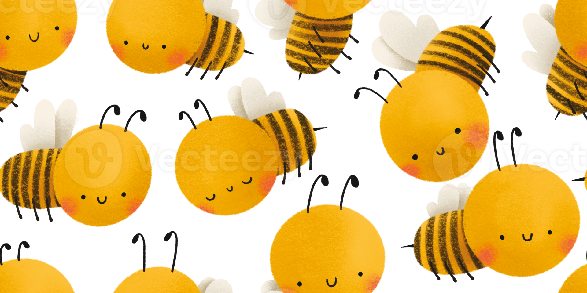 Seamless pattern with bees. Cartoon hand draw childish illustration. png