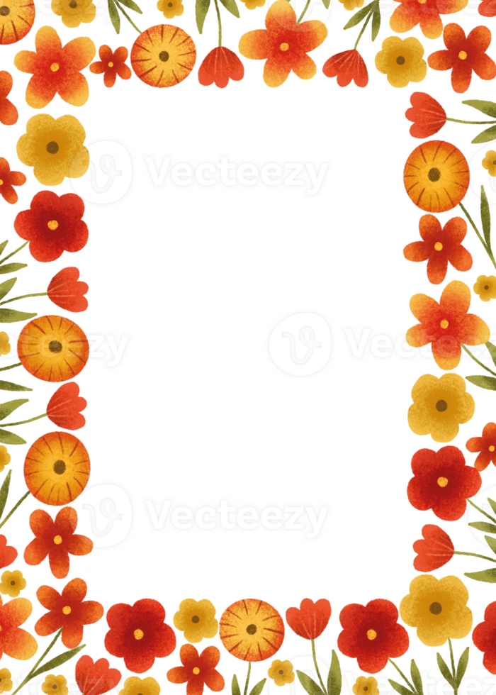 Vertical border frame with red simple flowers. Childish card template. Botanical frame png