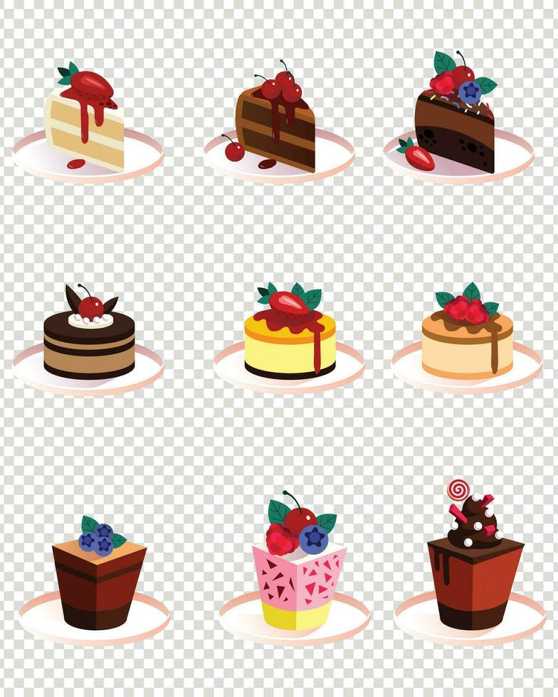 Various Cakes, whole and sliced cupcakes. for Valentine's Day and Birthdays vector