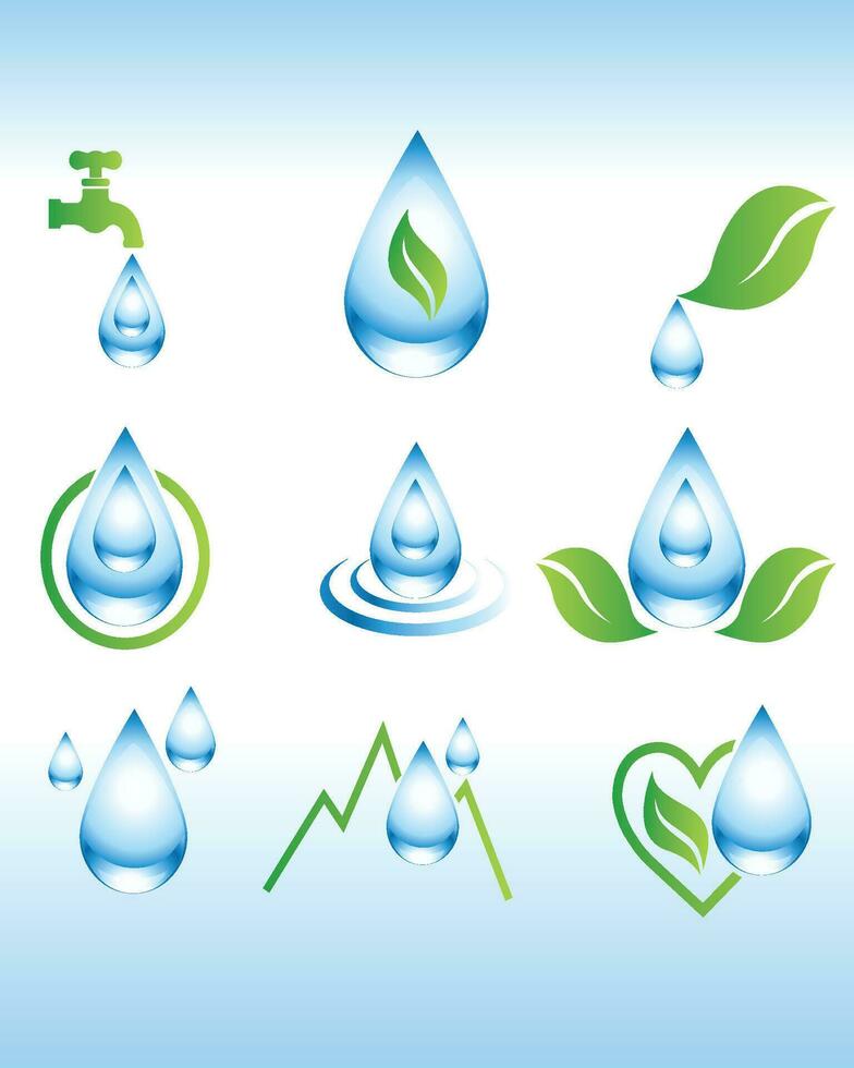 Vector blue water drop icon set. Collection of realistic drop logo shapes. equipped with faucets, leaves, water waves. water 3d icon
