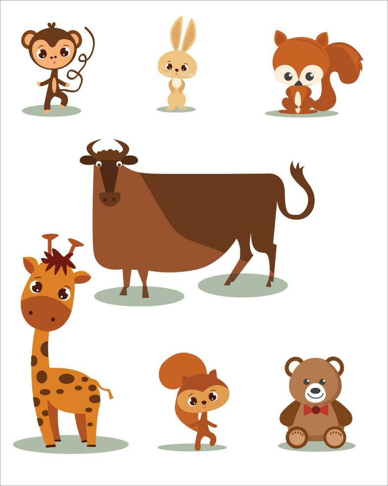 aislado animales en grande números. vector colección de linda animales linda animal en dibujos animados estilo. mono, conejo, jirafa, zorro, panda, vaca