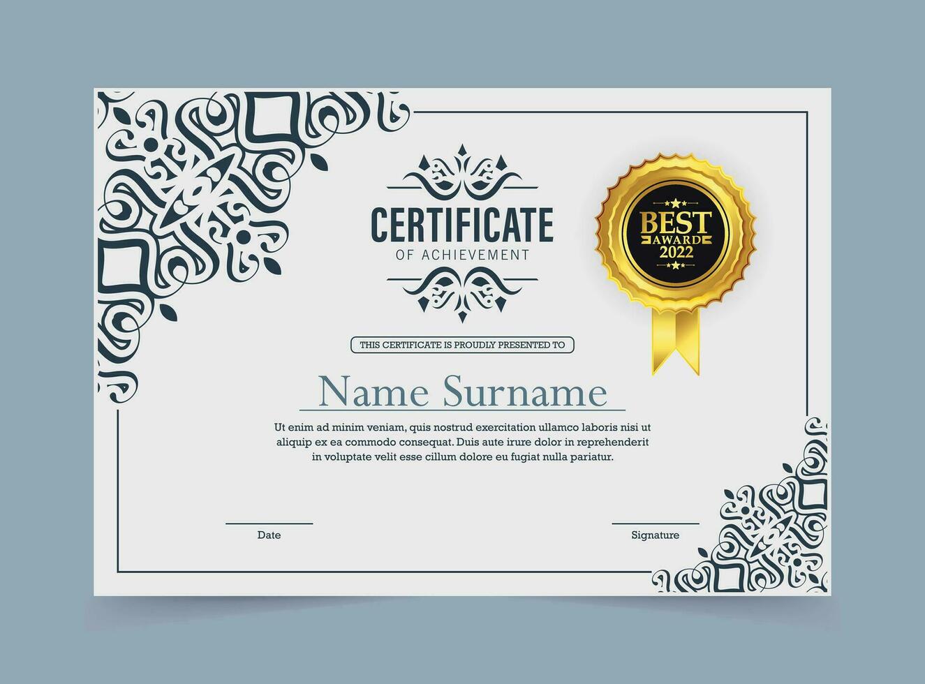 Certificate of achievement template with vintage gold border - Vector