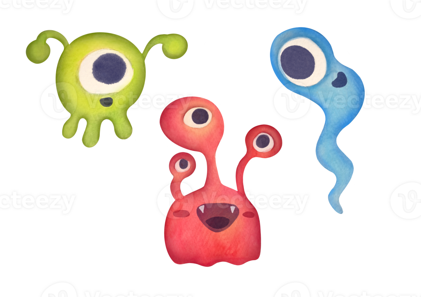 clipart watercolor baby characters similar to alien, monster, microbe on transparent background. cartoon red bacteria with three eyes, green microorganism with flagella, long blue cell with tail png