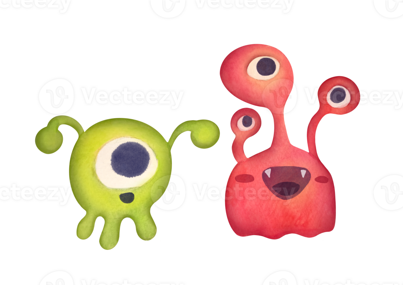 clipart watercolor baby characters similar to alien, monster, microbe on transparent background. cartoon red bacteria with three eyes, green microorganism with flagella, cell with tail png