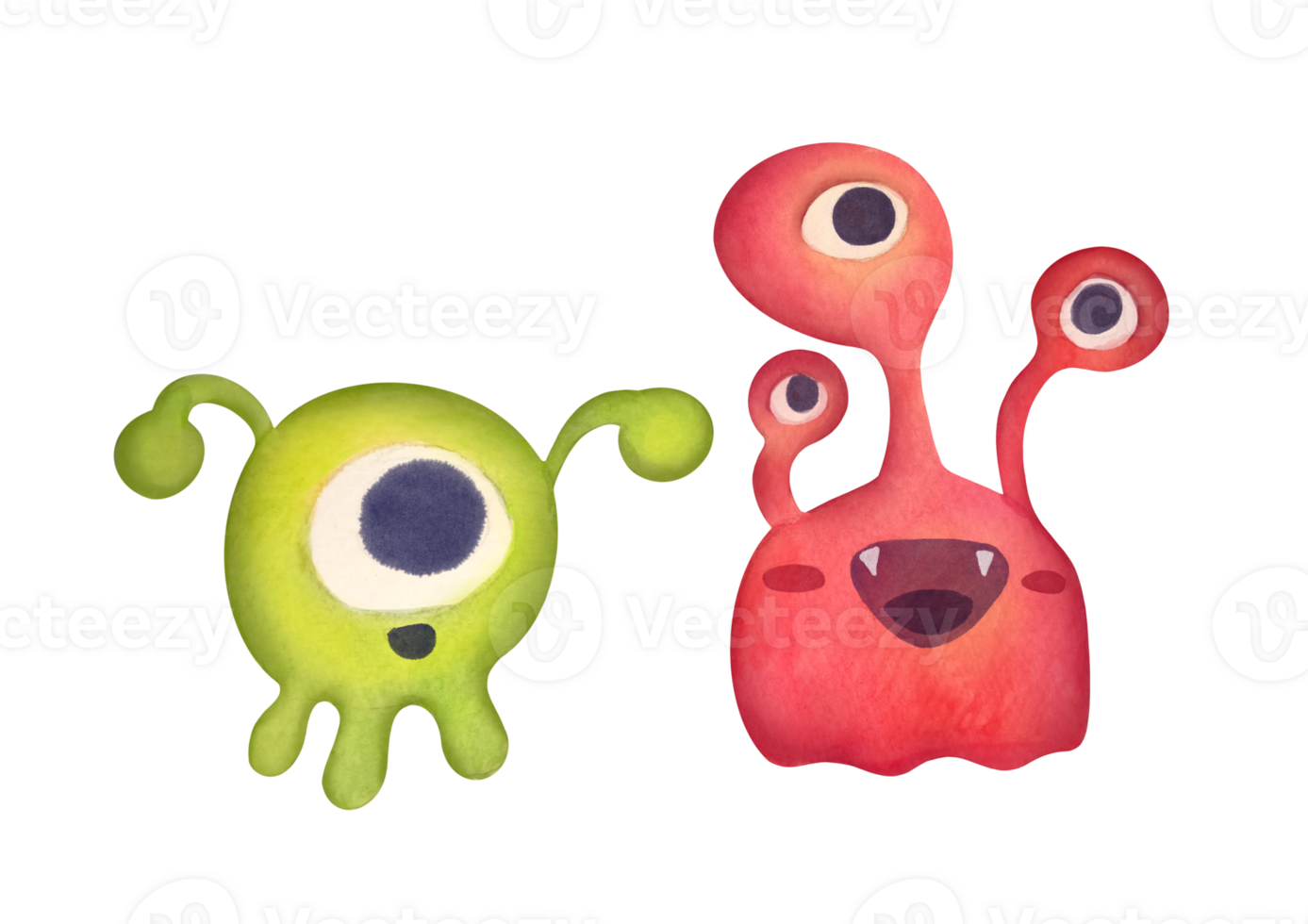 clip art waterverf baby tekens vergelijkbaar naar buitenaards wezen, monster, microbe Aan transparant achtergrond. tekenfilm rood bacterie met drie ogen, groen microorganisme met flagella, cel met staart png