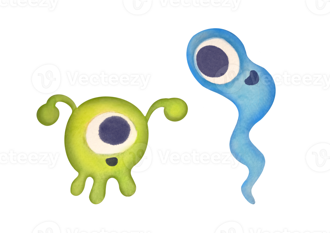 clipart watercolor baby characters similar to alien, monster, microbe on transparent background. cartoon bacteria with eyes, green microorganism with flagella, long blue cell with tail png