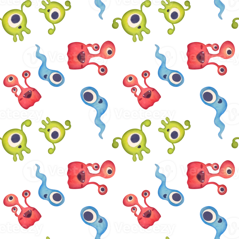 seamless pattern with watercolor baby characters similar to alien, monster, microbe background. cartoon red bacteria with three eyes, green microorganism with flagella, long blue cell with tail png