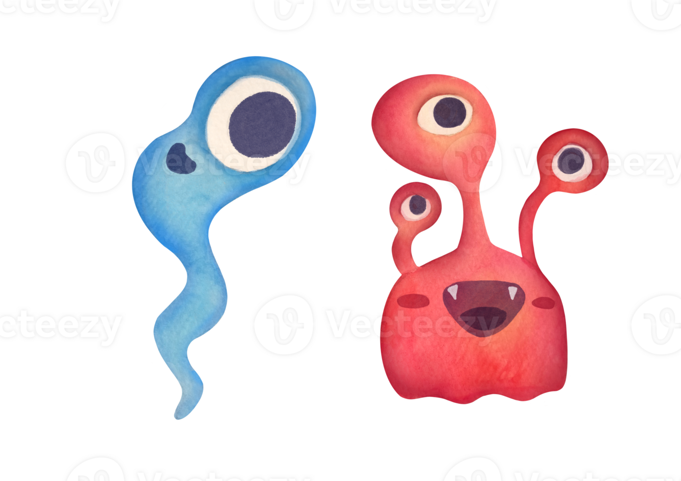 clipart watercolor baby characters similar to alien, monster, microbe on transparent background. cartoon red bacteria with three eyes, microorganism with flagella, long blue cell with tail png