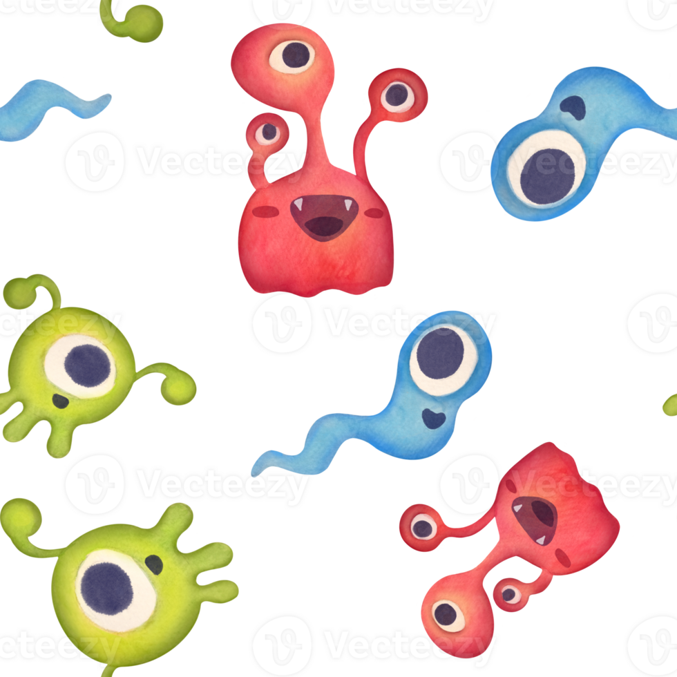 seamless pattern with watercolor baby characters similar to alien, monster, microbe background. cartoon red bacteria with three eyes, green microorganism with flagella, long blue cell with tail png