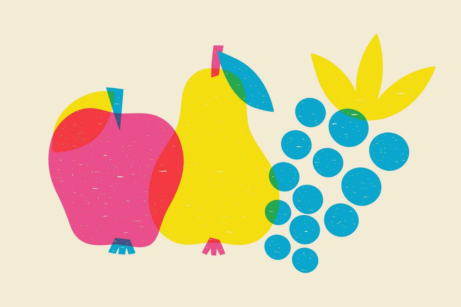 póster con frutas manzana, Pera y uvas en risografía estilo. vector gráficos.