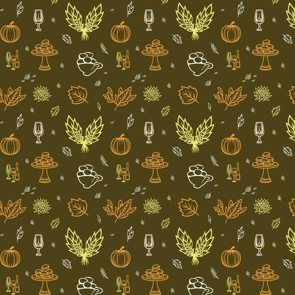 Hand-Drawn Autumnal Beer and Hop Pattern on Dark Green Background vector