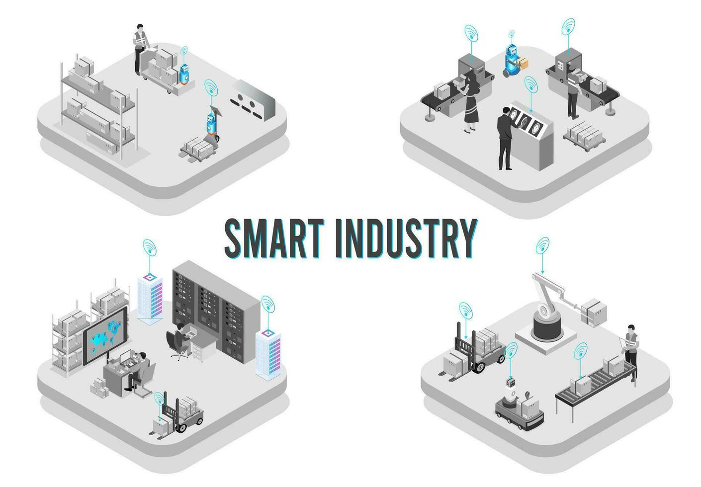 inteligente industria isométrica diseño con desarrollo producción embalaje, global logística camaradería, entrega y automatizado producción línea. vector ilustración eps10