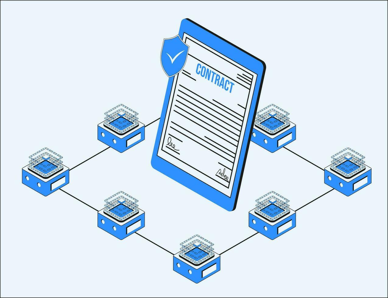 inteligente contrato en el centrar de blockchain tecnología. un descentralizado organización establecido en blockchain concepto. vector ilustración aislado en blanco antecedentes. eps10