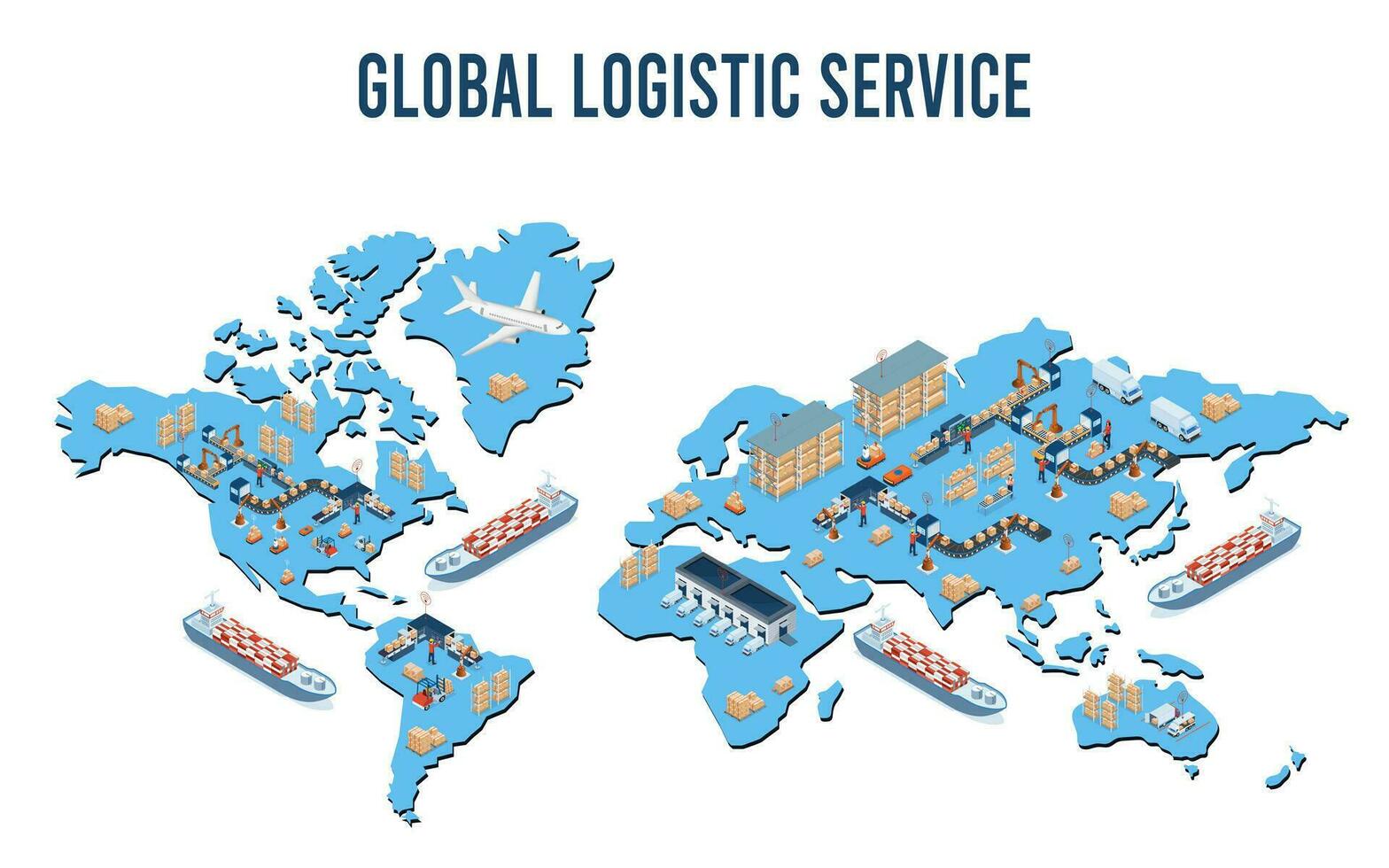 3D isometric Global logistics network concept with Transportation operation service, Supply Chain Management - SCM, Company Logistics Processes. Vector illustration EPS 10