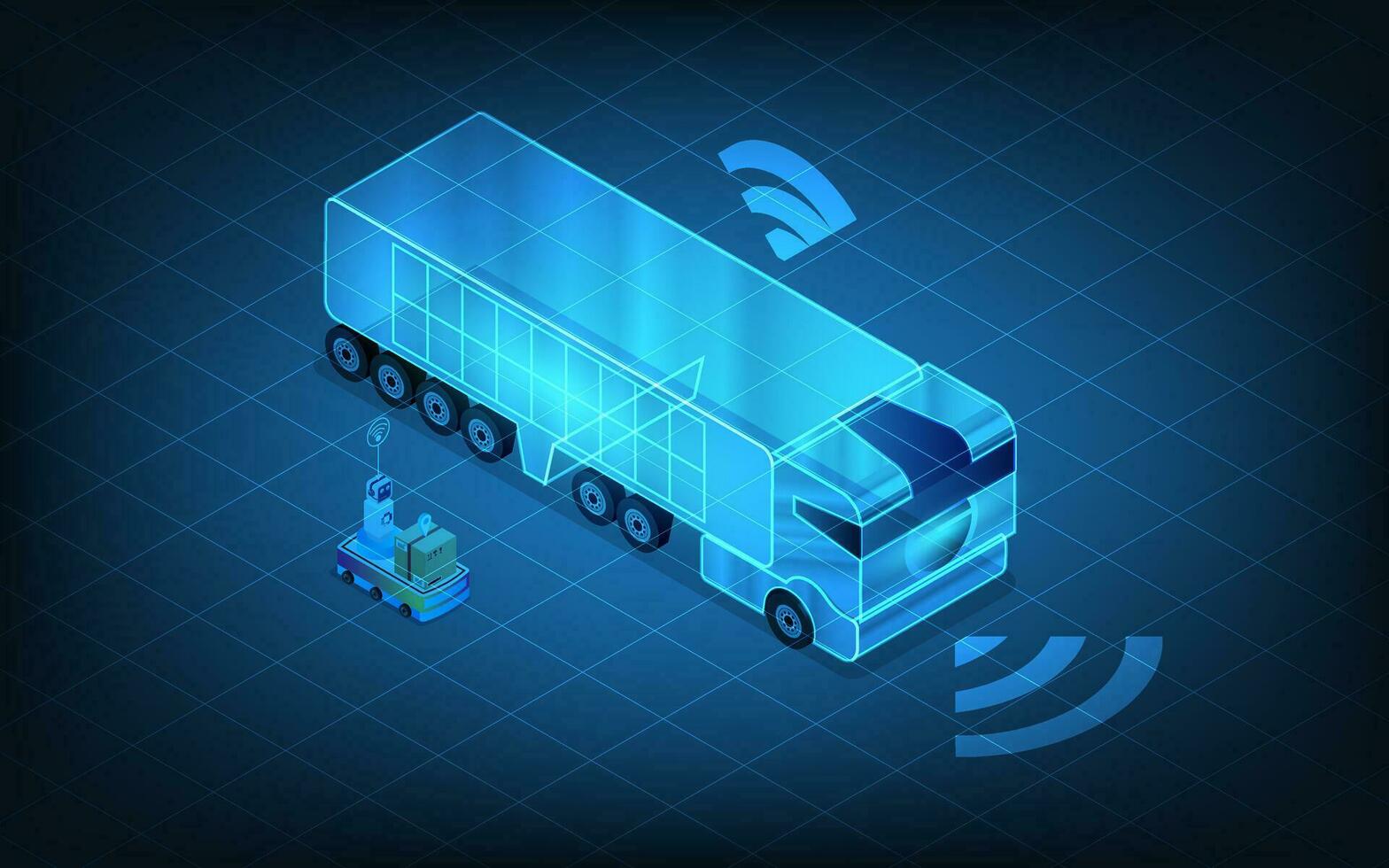 A self-driving truck with Robots loading cargo into truck with autopilot. Vector isometric illustration eps10