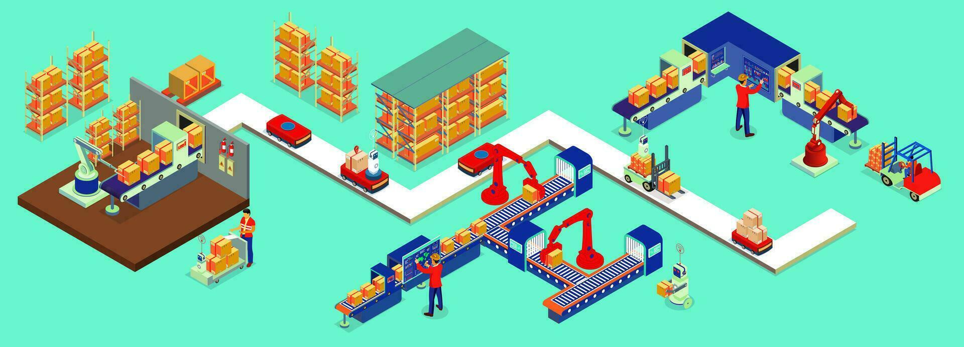 3d isométrica automatizado almacén robots y inteligente almacén tecnología concepto con almacén automatización sistema, autónomo robot, transporte operación servicio. vector ilustración eps 10