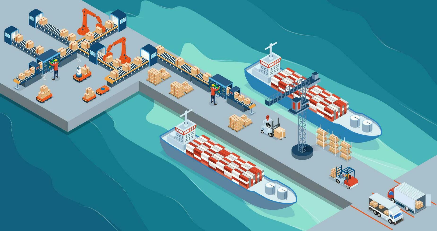 Maritime transport logistics with Steel Container Loading on Industrial Ship by Crane and Warehouse Work Process. vector illustration eps10