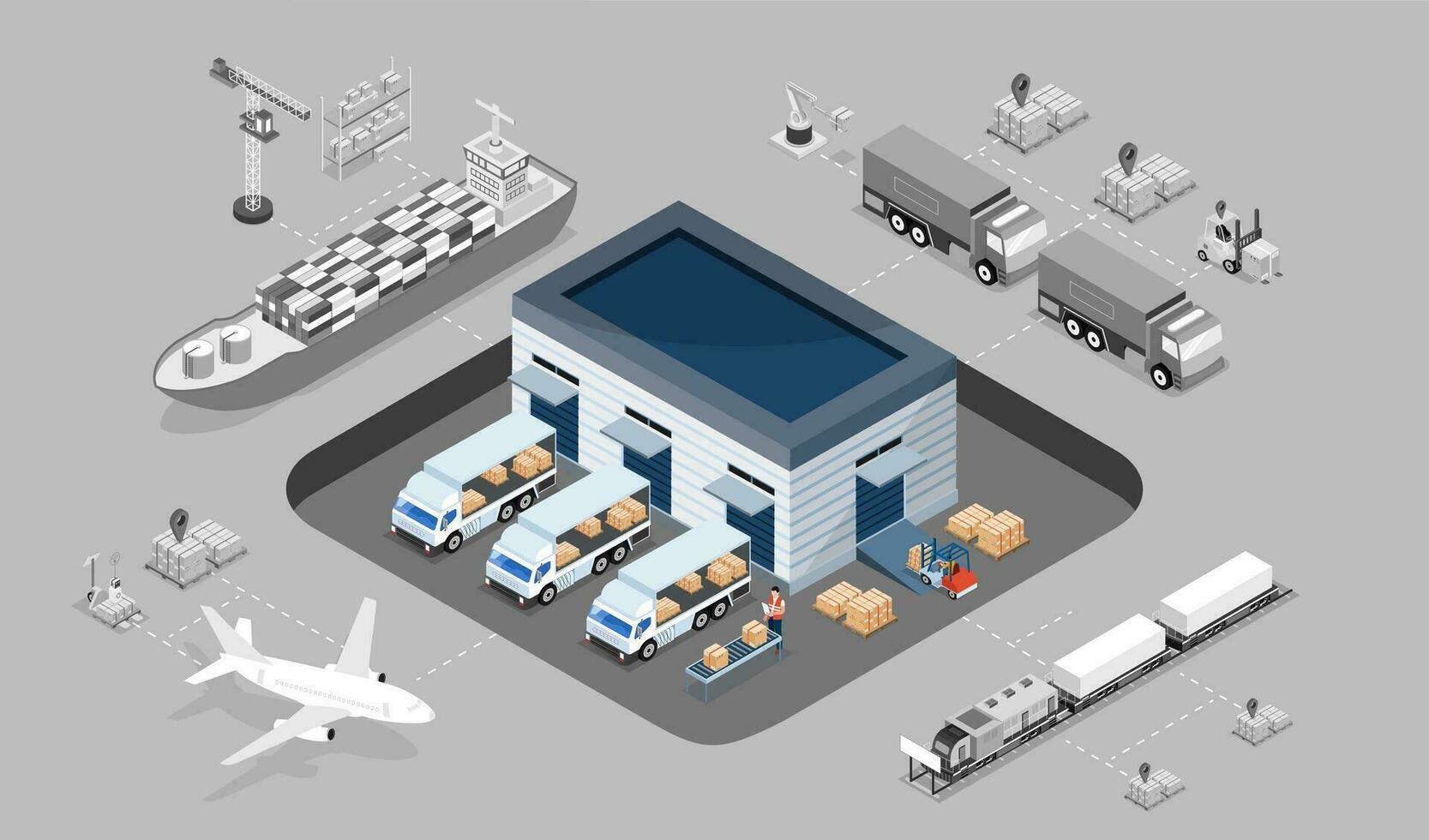 3D isometric logistics Warehouse Work Process Concept with Transportation operation service, Export, Import, Cargo, Forklift, Delivery Truck. Vector illustration EPS 10