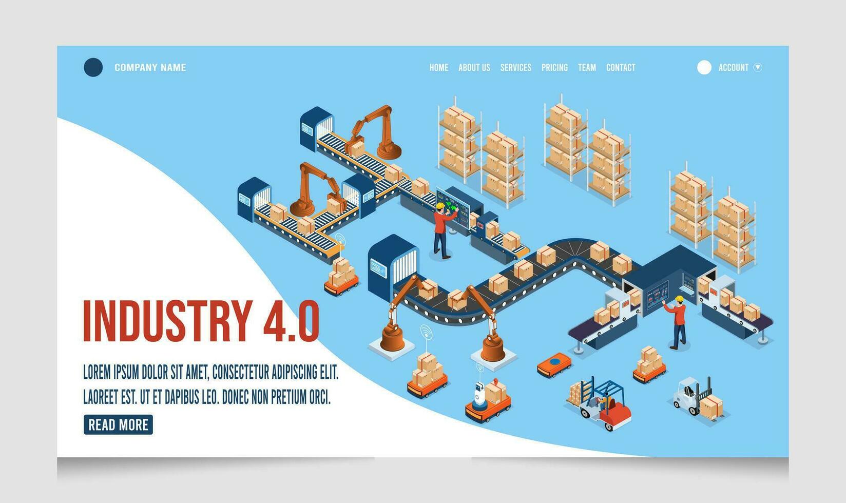 3d isométrica industria 4.0 concepto con automatización, conexión, nube informática, iot, grande datos, y sistema integración. eps10 vector ilustración